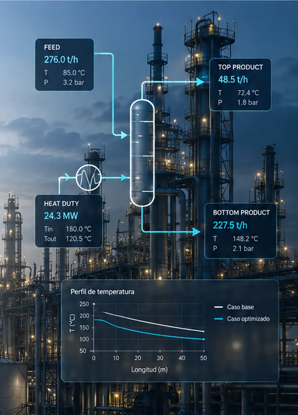 Visual conceptual de una planta industrial con variables de proceso y análisis técnico. No corresponde a un proyecto específico de AISTHER.