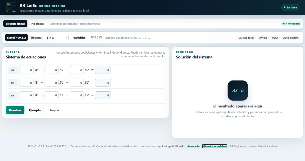 Interfaz real de RR LinEc con entrada de ecuaciones y panel de resultados
